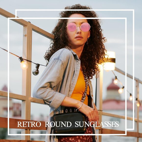 Chrorine Women's Gold Frame Pink Lens Hippie Round 70s Retro Sun Glasses - Picture 5 of 6